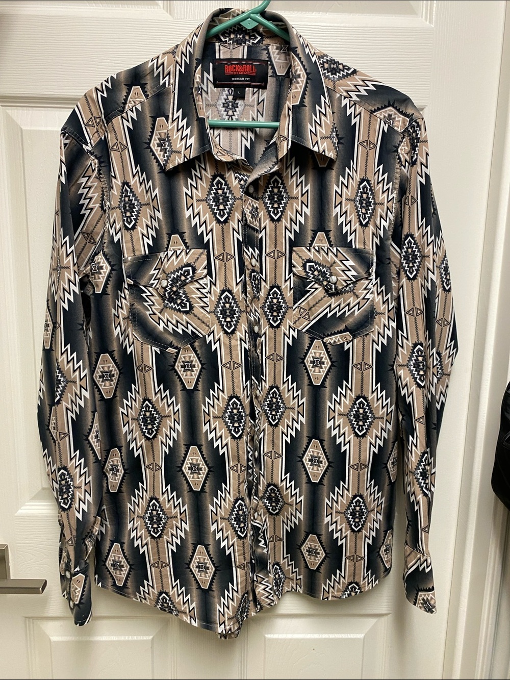 Rock & Roll Cowboy Aztec Print Western Shirt - Black & Tan